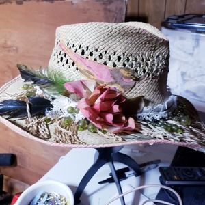 Vintage Scala Straw Hat Upcycled Painted‎ beads, feathers